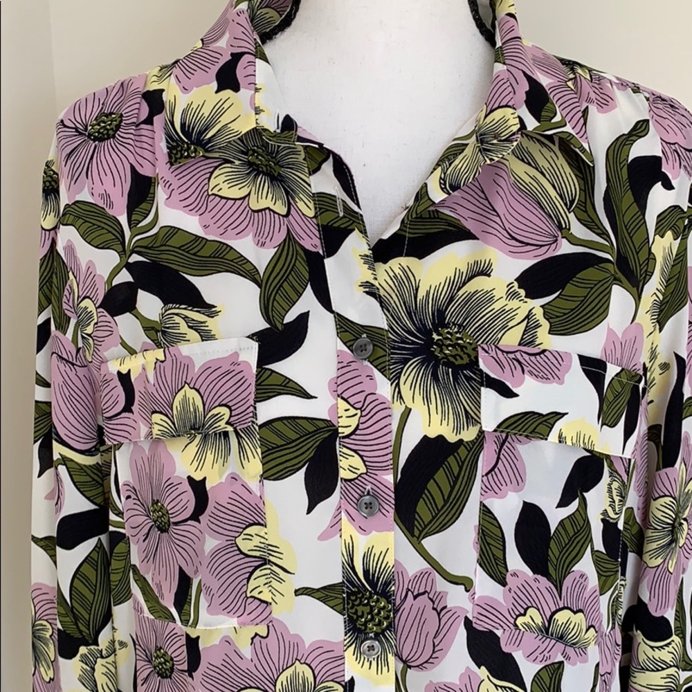 Ann Taylor Buttoned Down Floral Blouse Lavender Green White Size L NEW